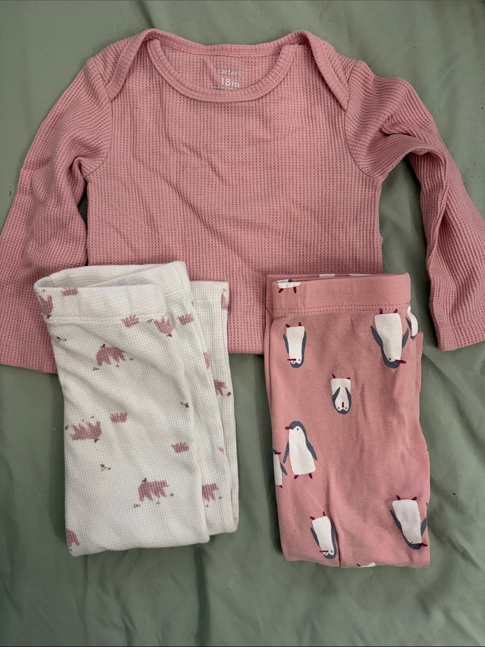 Carter's Pink Waffle Knit Top with Penguin & Bear Print Pants